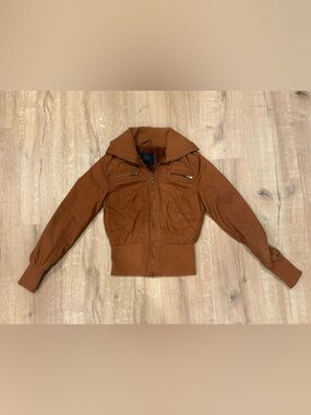 Miss London Brown Cropped Faux Fur Jacket with Knit Trim